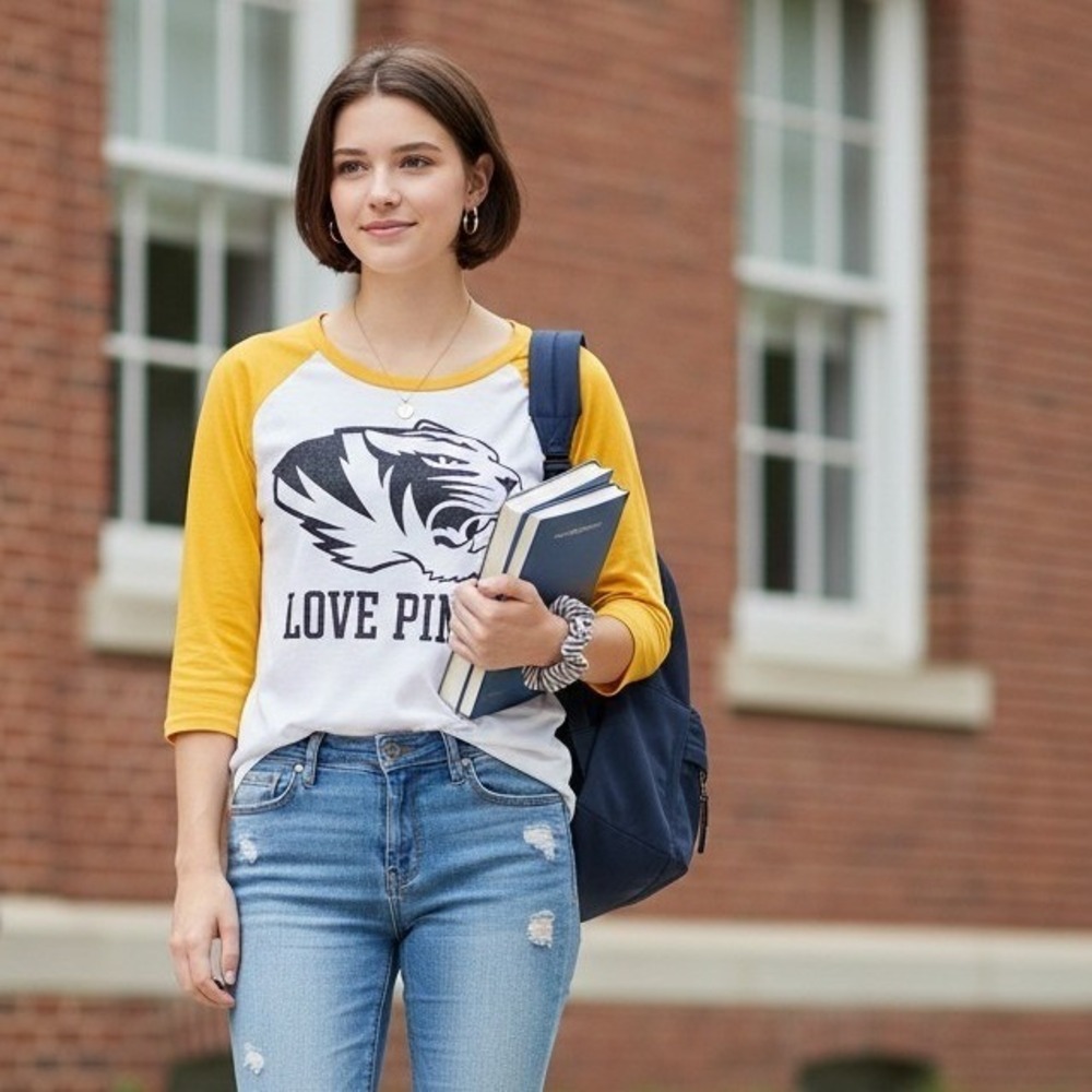 PINK Victoria's Secret Raglan Tee Women M White Yellow Collegiate Mizzou Tigers - Picture 2 of 10